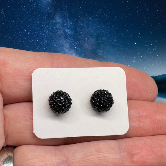 GLITZ SPHERE POST EARRINGS *BRAND-NEW* minimalist bling black ebony - Picture 1 of 6
